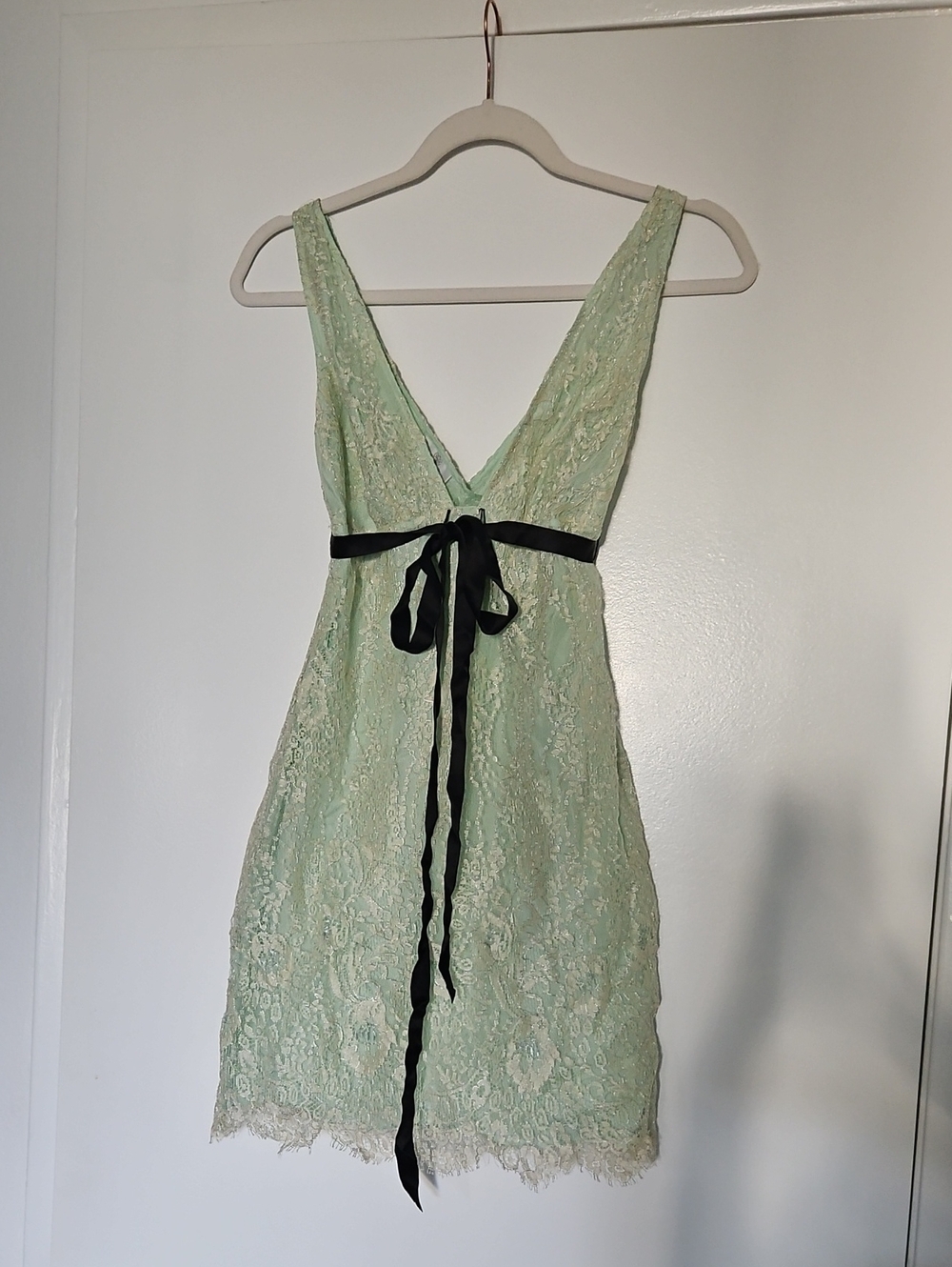 Miguelina SILK Mint Lace Mini Dress with Black Ribbon Tie Xs